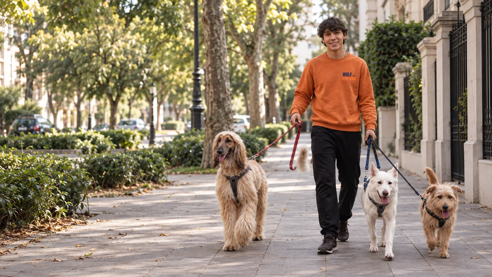 Benja paseando con tres perros por una vereda arbolada de Buenos Aires